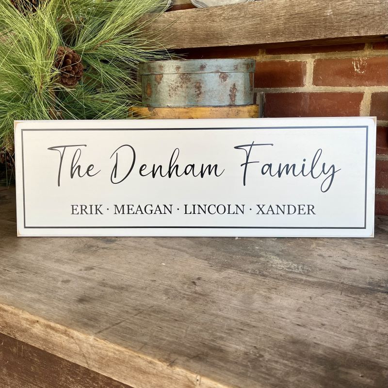 Personalized Family Name Sign, white with black lettering.  8x24 inches. Worn finish. Handcrafted