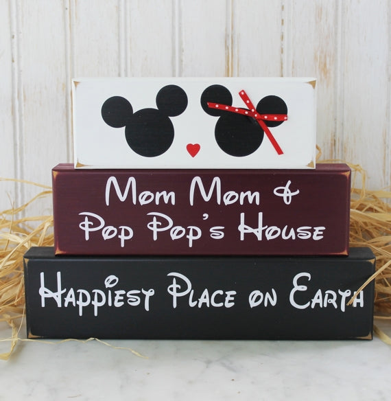 Set of 3 stacking blocks that can be personalized.  Wording in white, Mom Mom and Pop Pop's House Happiest place on earth.