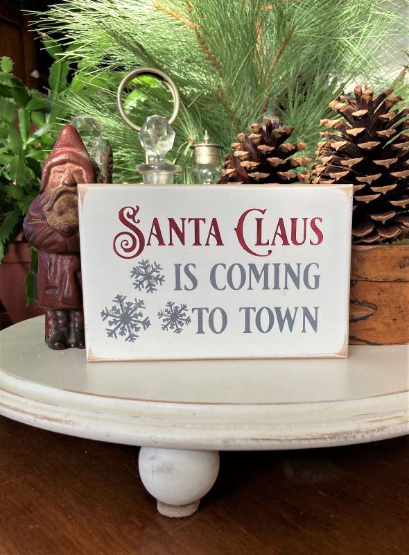 Mini Christmas sign. 4x6 inches. Handcrafted white worn finish with burgundy and gray lettering . Snowfakes.