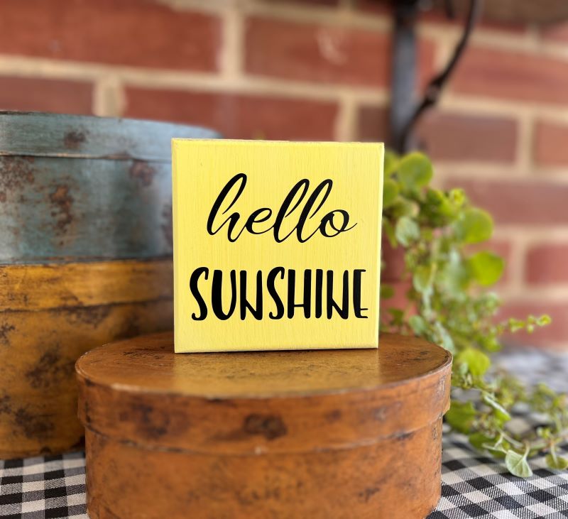 Sunny yellow mini sign with black wording Hello Sunshine.  Sign measures 4x4 inches.  Summer decor. Tiered tray decor.