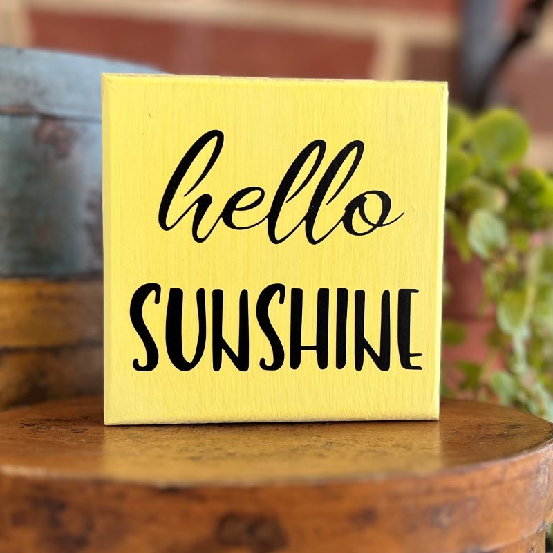 Sunny yellow mini sign with black wording Hello Sunshine. Sign measures 4x4 inches. Summer decor. Tiered tray decor.