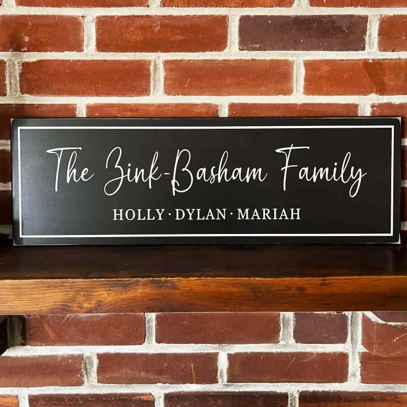 Personalized Family Name Sign, black with white lettering. 8x24 inches. Worn finish. Handcrafted
