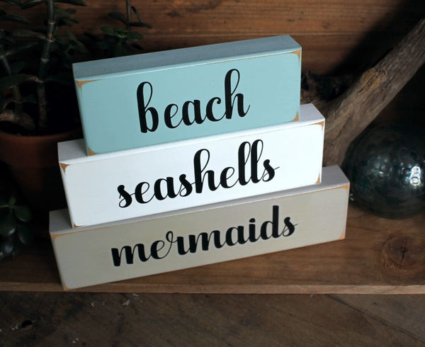 Beach Seashells Mermaids Stacking Blocks Beach House Decor Wood Sign ...