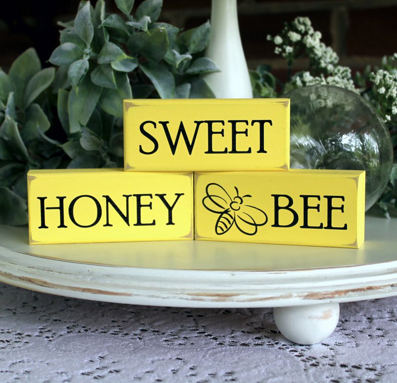 Sweet Honey Bee   Set of 3 wood blocks. Mini stacking blocks  Each block measure 1.75x4inches  Painted yellow worn finish with black lettering.